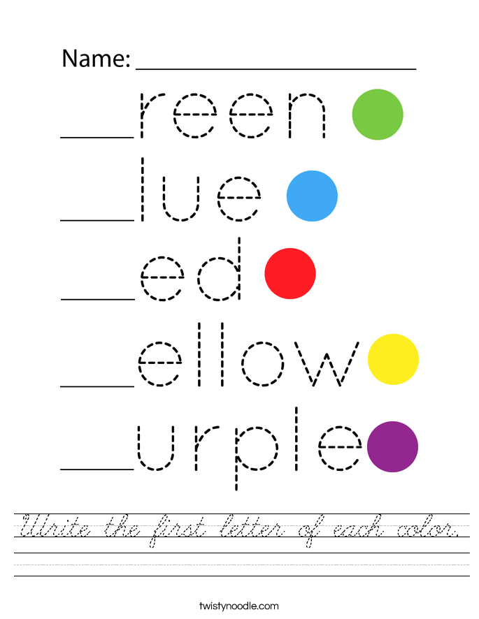Write the first letter of each color. Worksheet