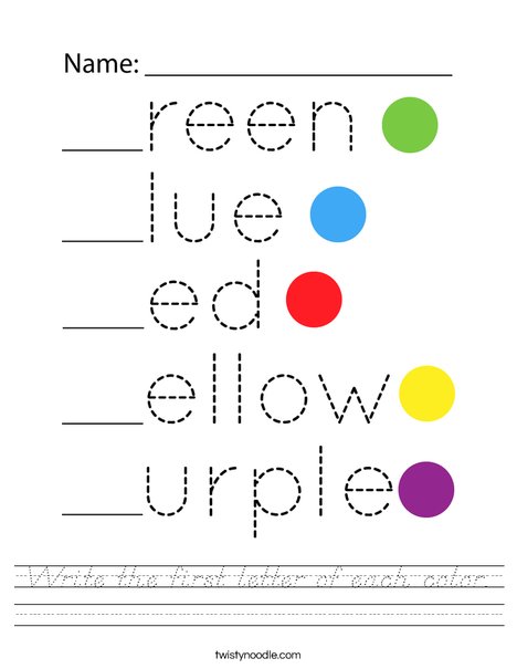 Write the first letter of each color. Worksheet
