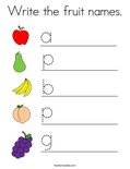 Write the fruit names. Coloring Page
