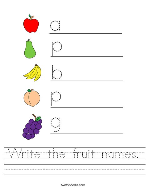 Write the fruit names. Worksheet