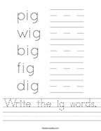 Write the ig words Handwriting Sheet