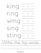 Write the ing words Handwriting Sheet