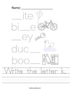 Write the letter k Handwriting Sheet