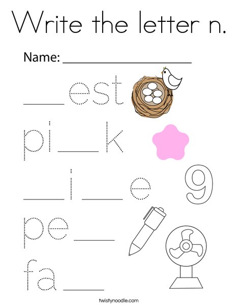 Write the letter n. Coloring Page