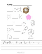 Write the letter n Handwriting Sheet