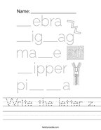 Write the letter z Handwriting Sheet