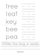 Write the long e words Handwriting Sheet