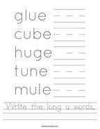 Write the long u words Handwriting Sheet