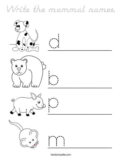 Write the mammal names. Coloring Page