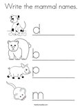 Write the mammal names. Coloring Page