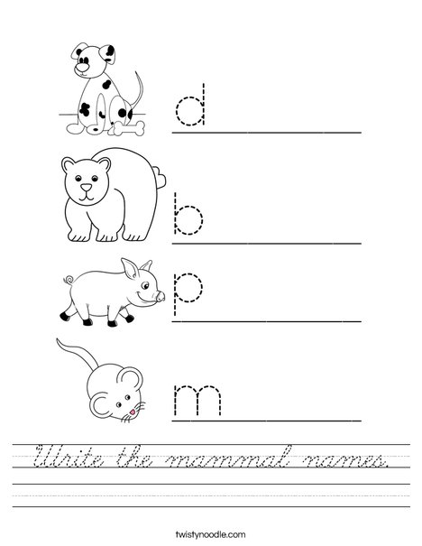 Write the mammal names. Worksheet