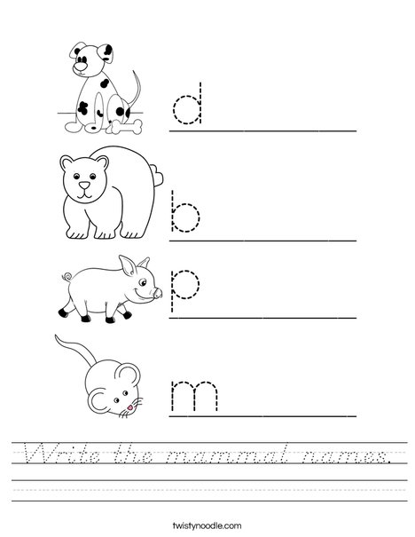 Write the mammal names. Worksheet