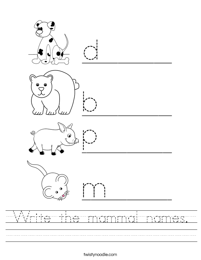 Write the mammal names. Worksheet