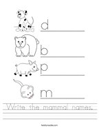 Write the mammal names Handwriting Sheet