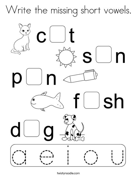 Write the missing short vowels Coloring Page - Twisty Noodle