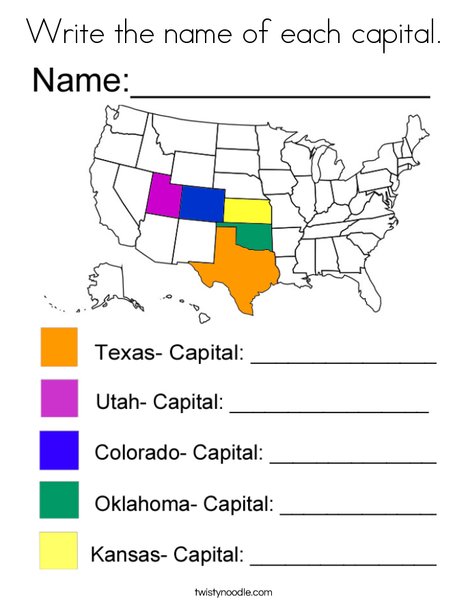 Write the name of each capital- MidWest Coloring Page