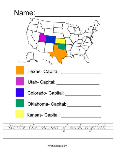 Write the name of each capital- MidWest Worksheet