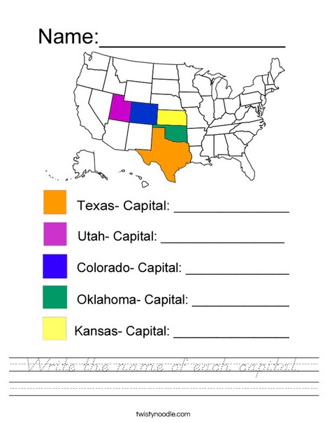 Write the name of each capital- MidWest Worksheet