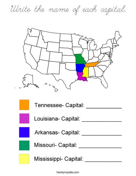 Write the name of each capital- Mississippi Coloring Page