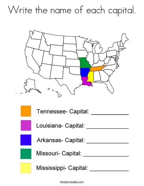 Write the name of each capital- Mississippi Coloring Page