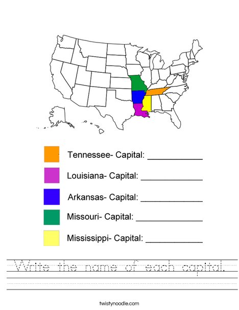 Write the name of each capital- Mississippi Worksheet