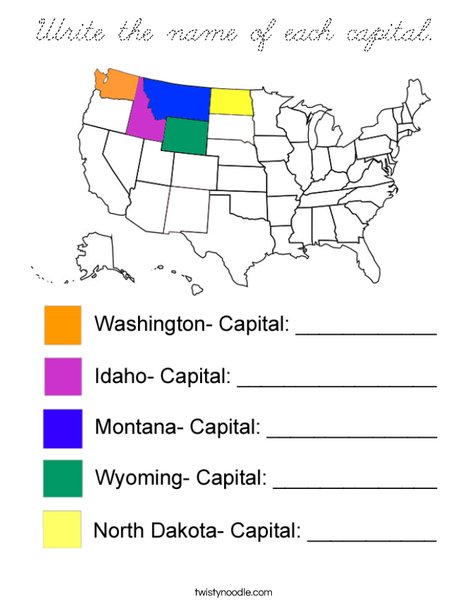 Write the name of each capital-NW Coloring Page
