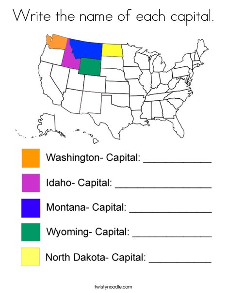 Write the name of each capital-NW Coloring Page