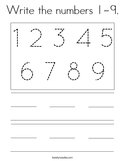 Write the numbers 1-9 Coloring Page