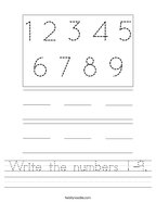 Write the numbers 1-9 Handwriting Sheet