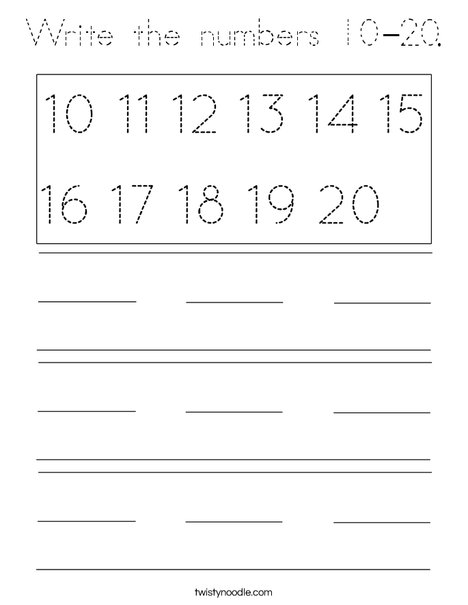 Write the numbers 10-20. Coloring Page