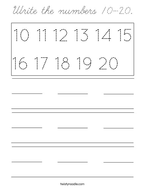 Write the numbers 10-20. Coloring Page