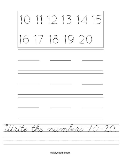 Write the numbers 10-20. Worksheet