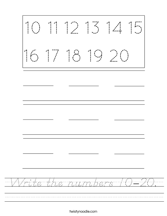 Write the numbers 10-20. Worksheet