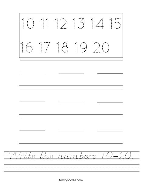 Write the numbers 10-20. Worksheet