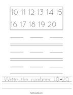 Write the numbers 10-20 Handwriting Sheet