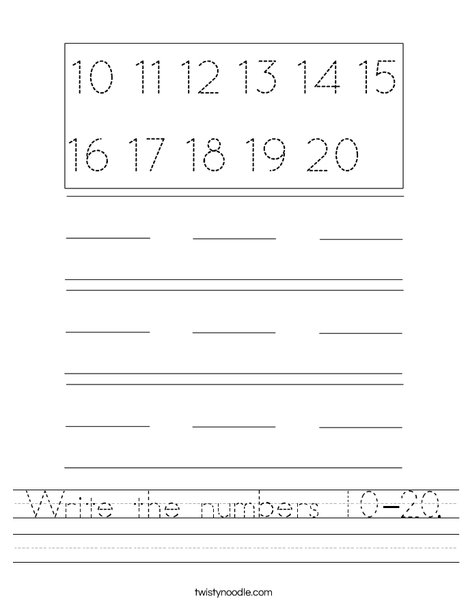 Write the numbers 10-20. Worksheet