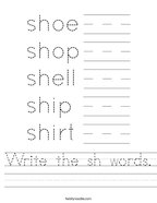 Write the sh words Handwriting Sheet