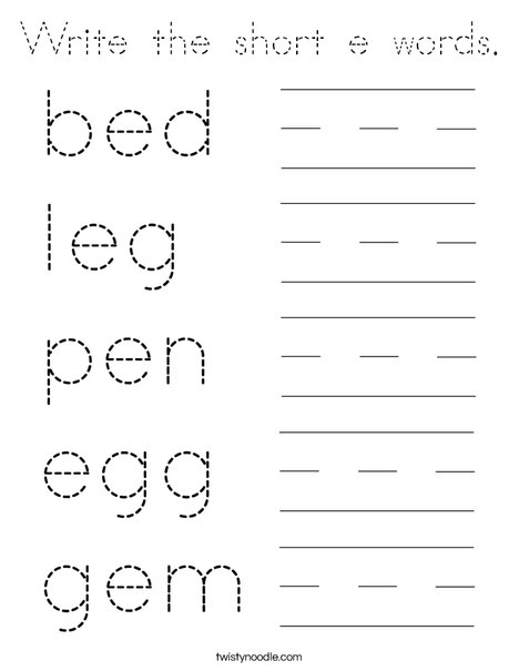 Write the short e words. Coloring Page
