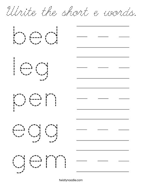 Write the short e words. Coloring Page