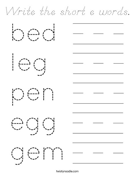 Write the short e words. Coloring Page