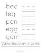 Write the short e words Handwriting Sheet