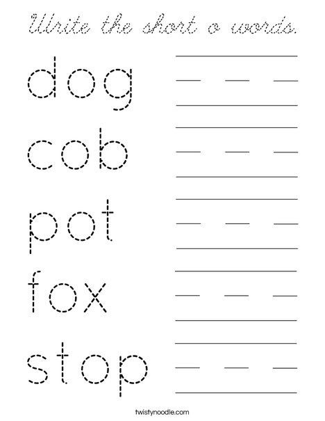 Write the short o words. Coloring Page