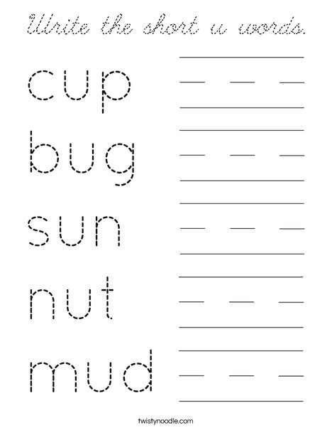 Write the short u words. Coloring Page