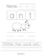 Write the word ant Handwriting Sheet