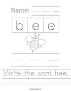 Write the word bee Handwriting Sheet