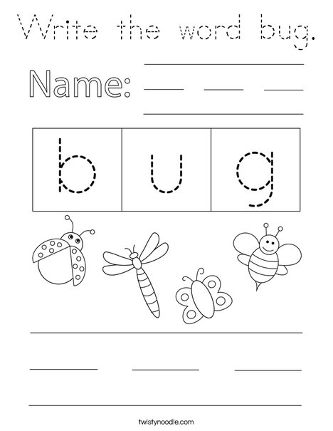 Write the word bug. Coloring Page