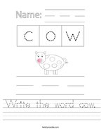 Write the word cow Handwriting Sheet