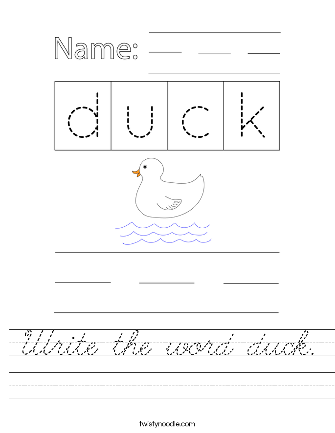 Write the word duck Worksheet - Cursive - Twisty Noodle