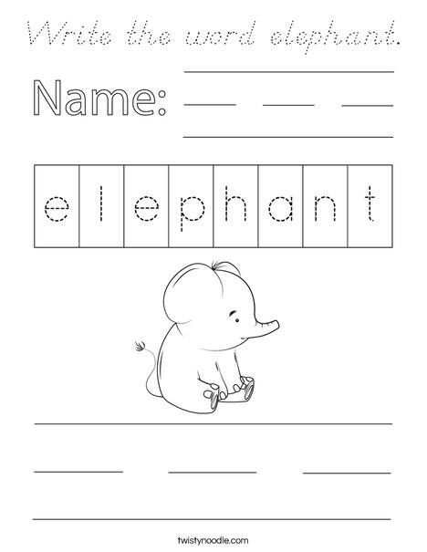 Write the word elephant. Coloring Page