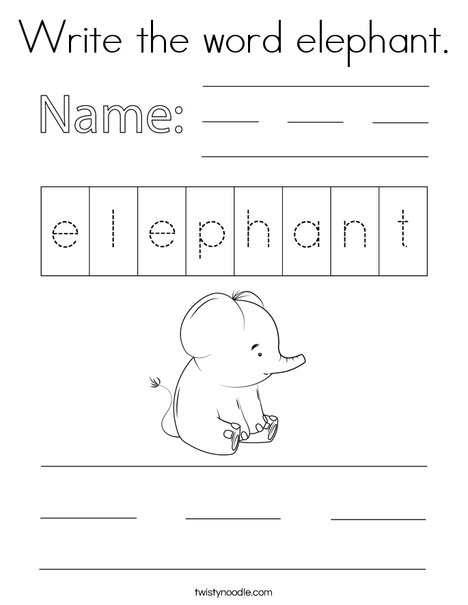 Write the word elephant. Coloring Page